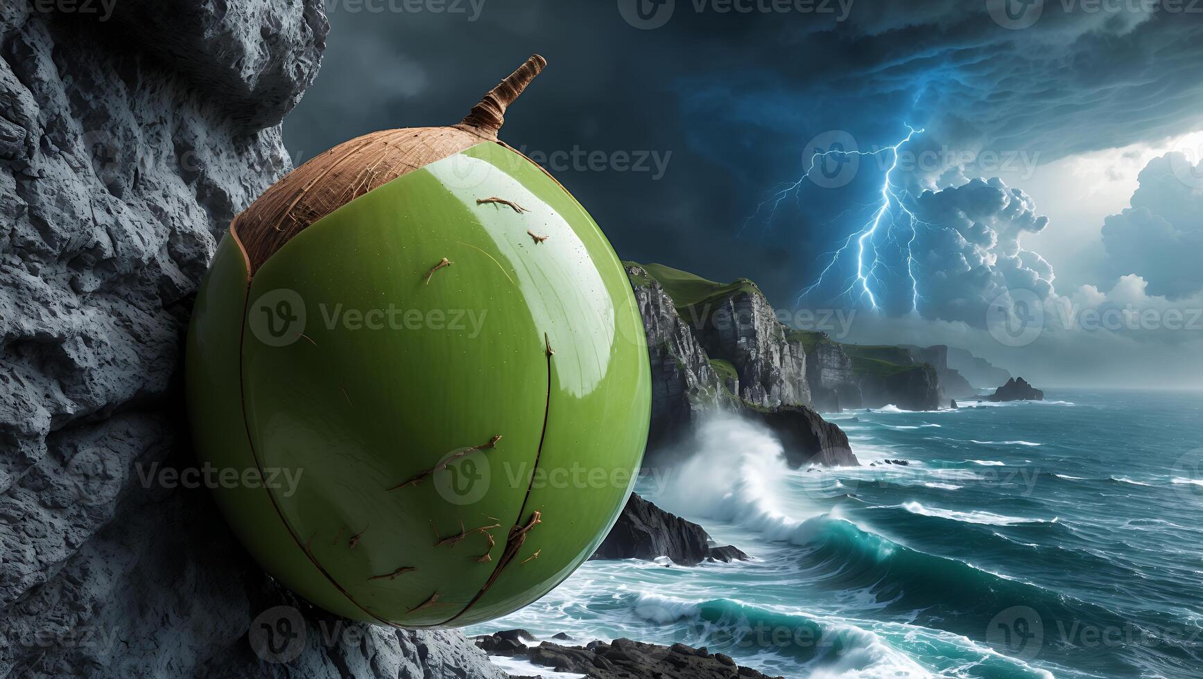 Green Coconut Resting on Rock with Ocean Cliffside Lightning Backdrop photo