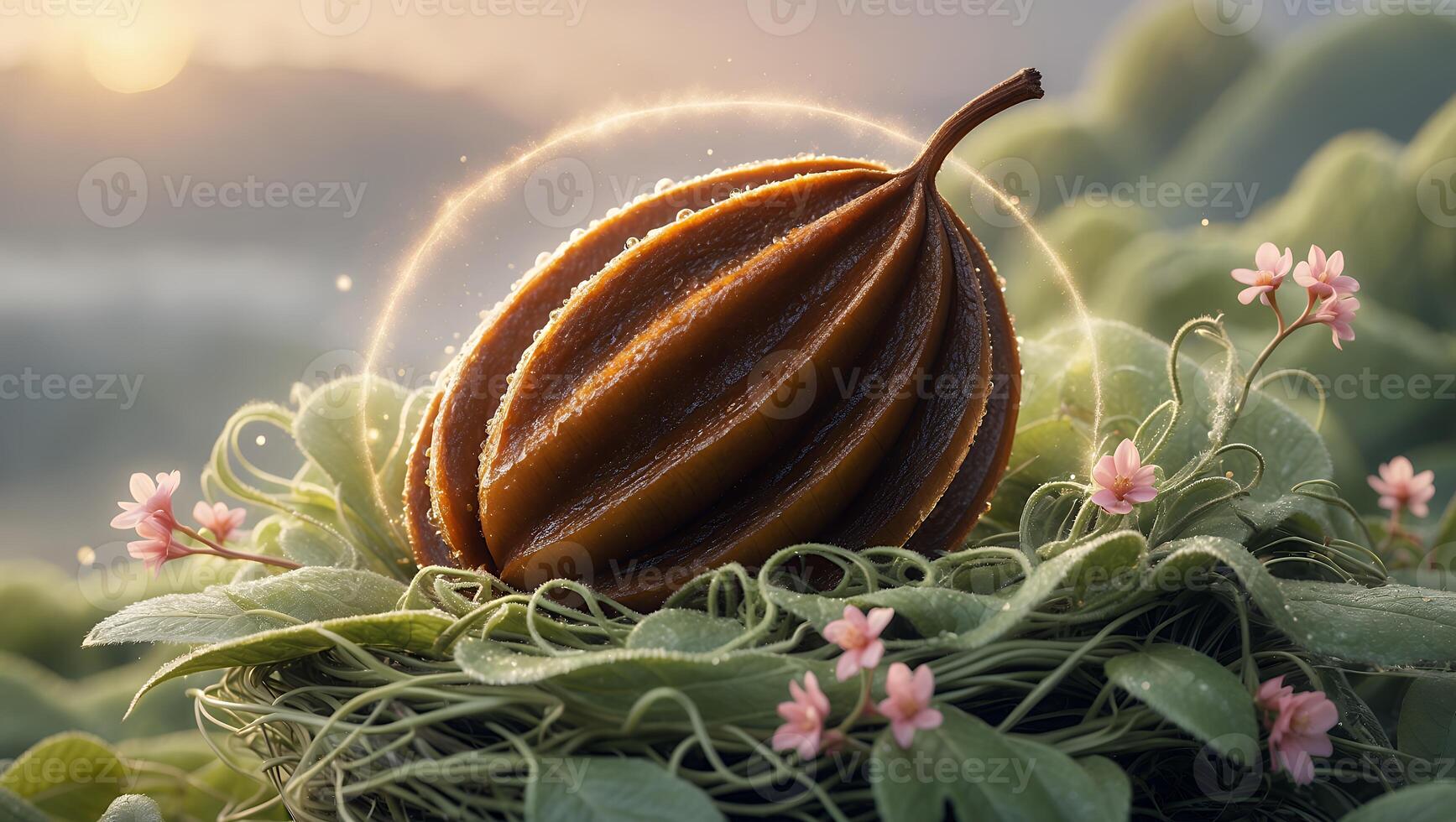 Brown Seed Pod Resting on Greenery with Delicate Pink Flowers photo