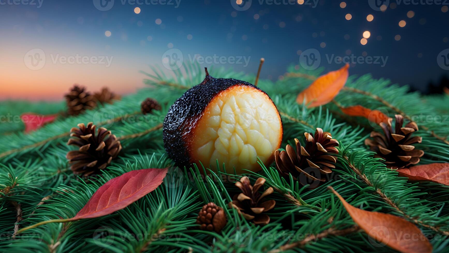 Baked Apple on Pine Branches with Cones and Autumn Leaves photo