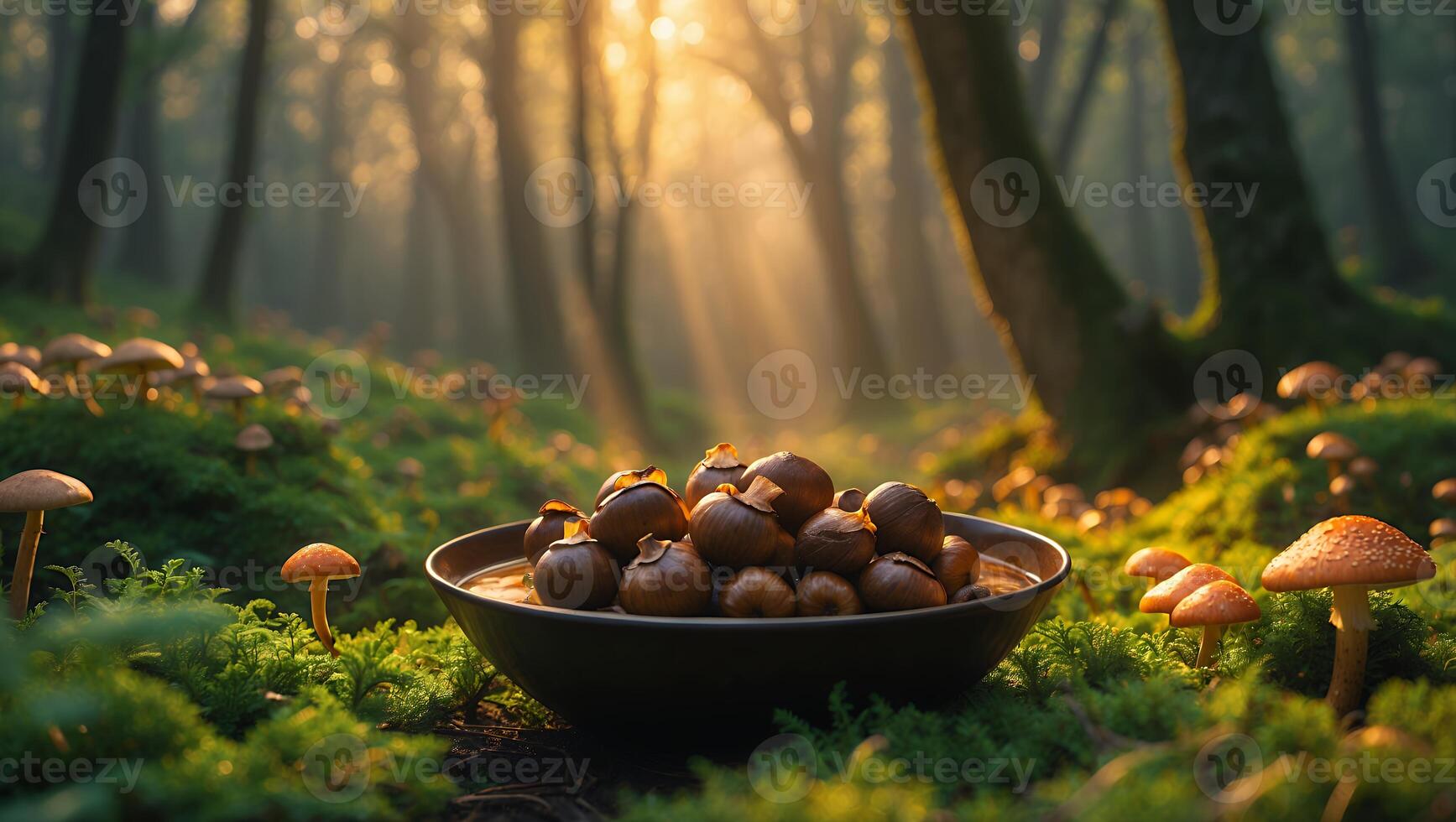 Serving Bowl Full of Chestnuts Surrounded by Forest Mushrooms photo