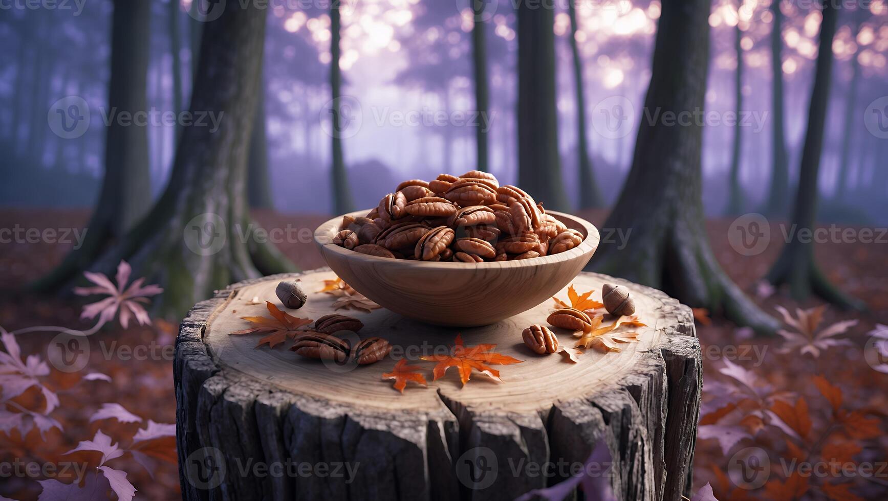 Pecan Nuts in Wooden Bowl on Tree Stump in Forest photo