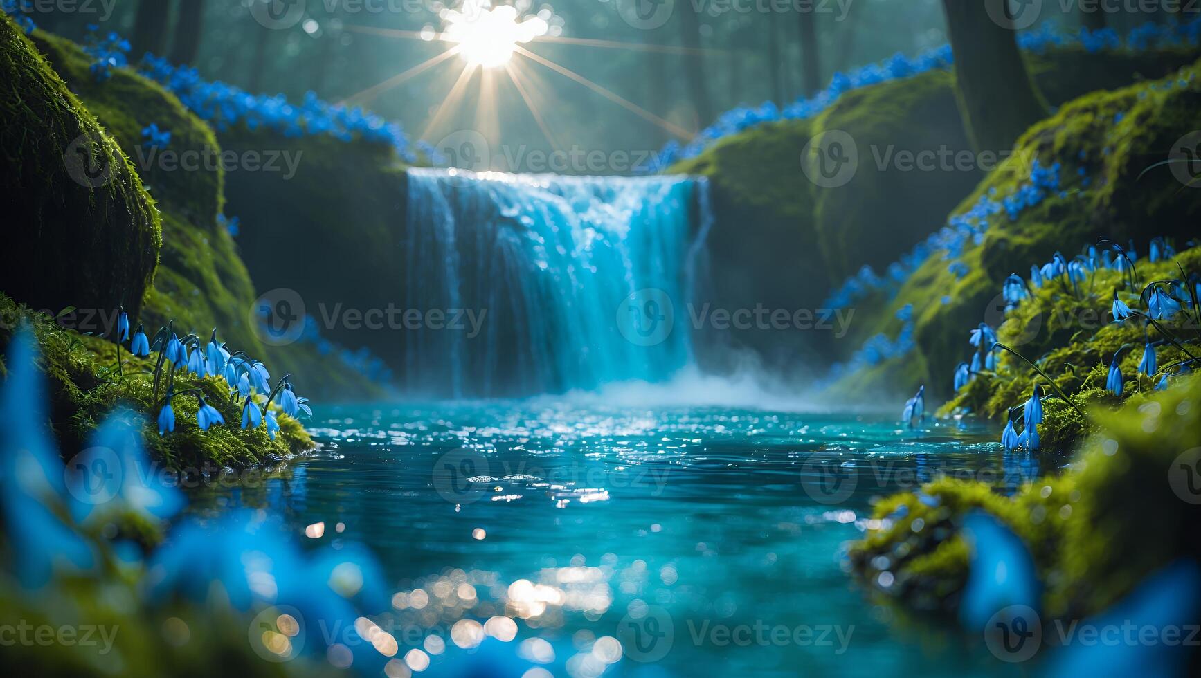 Waterfall Flows Into Clear Pool Surrounded by Bluebells in Forest photo