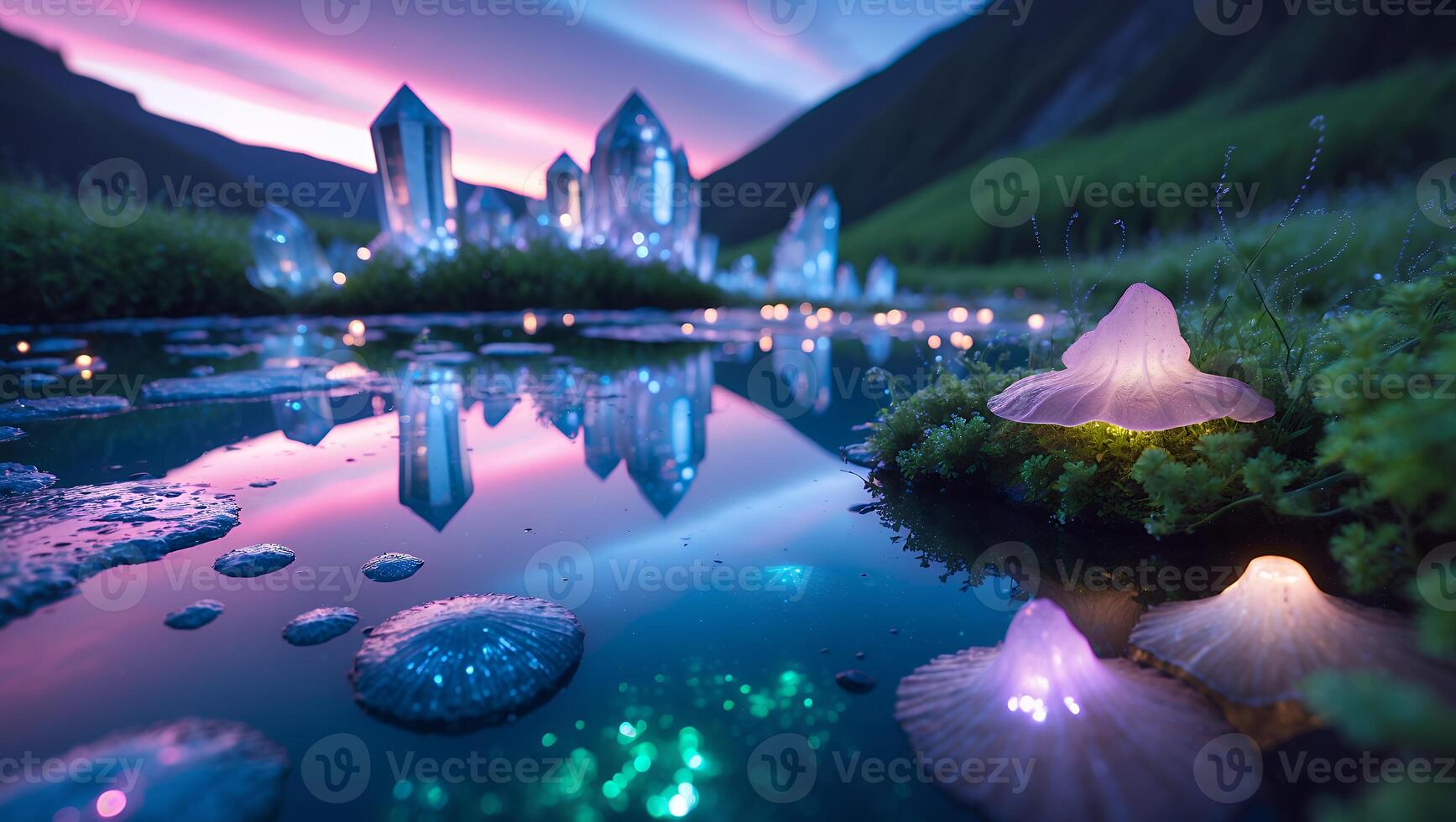 Glowing Mushroom Pond Reflecting Crystal Towers Landscape at Colorful Dusk photo