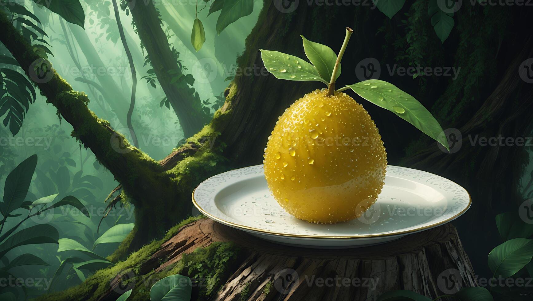 Yellow Fruit on Plate in Forest Setting with Water Droplets photo