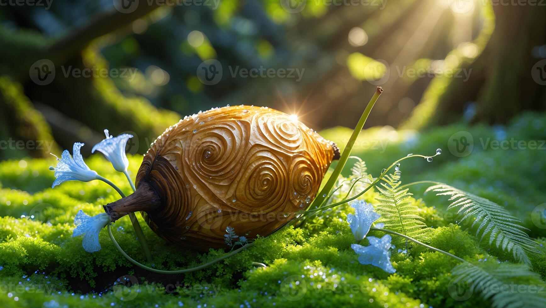 A snail is sitting on a green grassy field photo