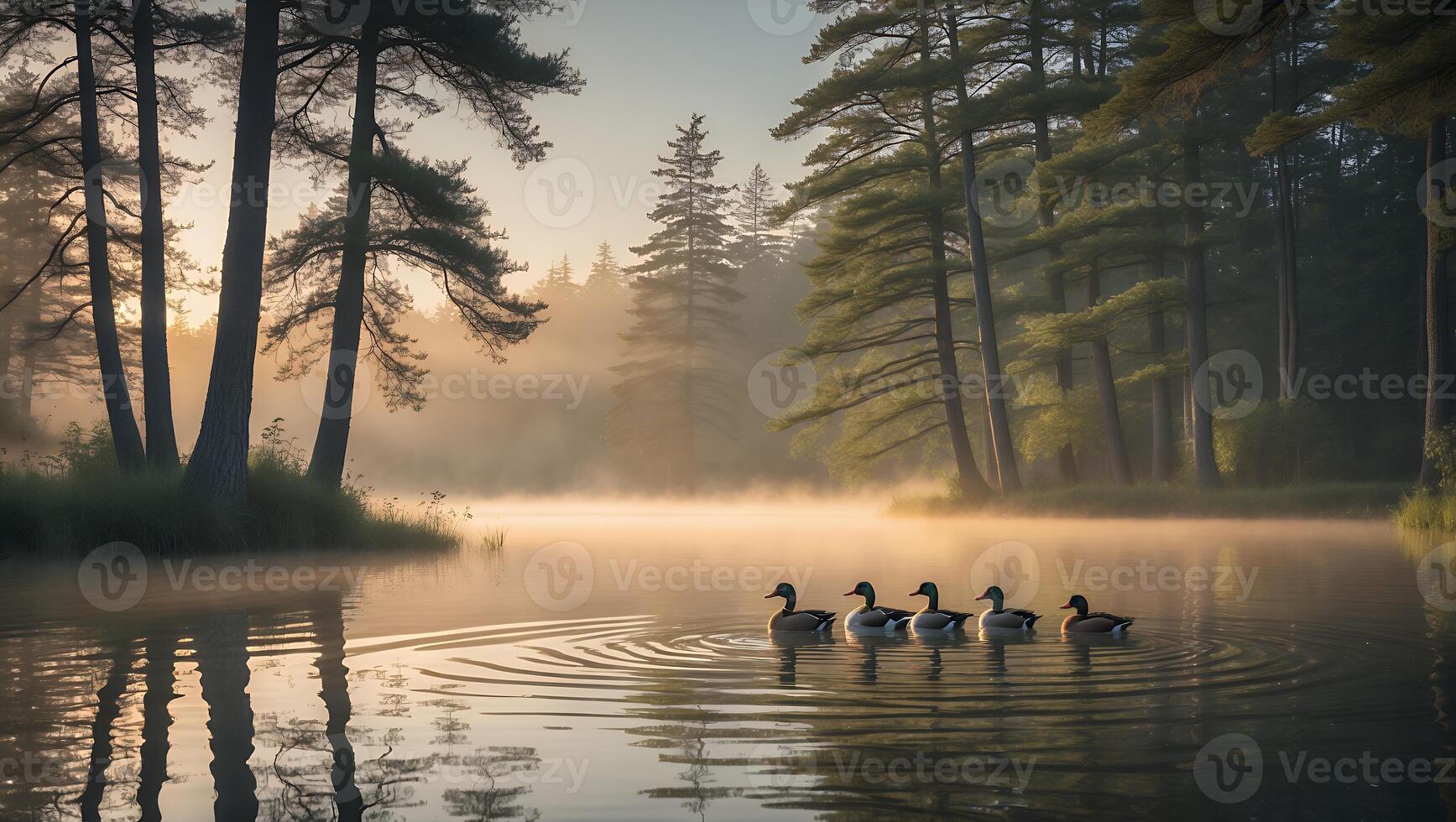 Ducks Swimming on Misty Lake at Sunrise Surrounded by Pine Trees photo