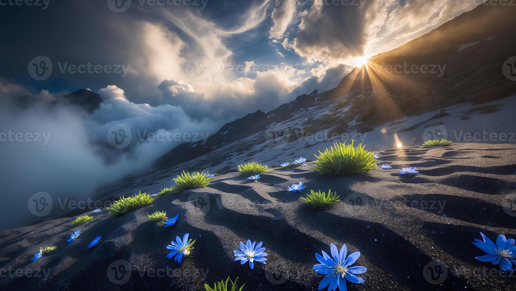 Blue Flowers on Mountain Slope Under Dramatic Sky with Sunlight photo