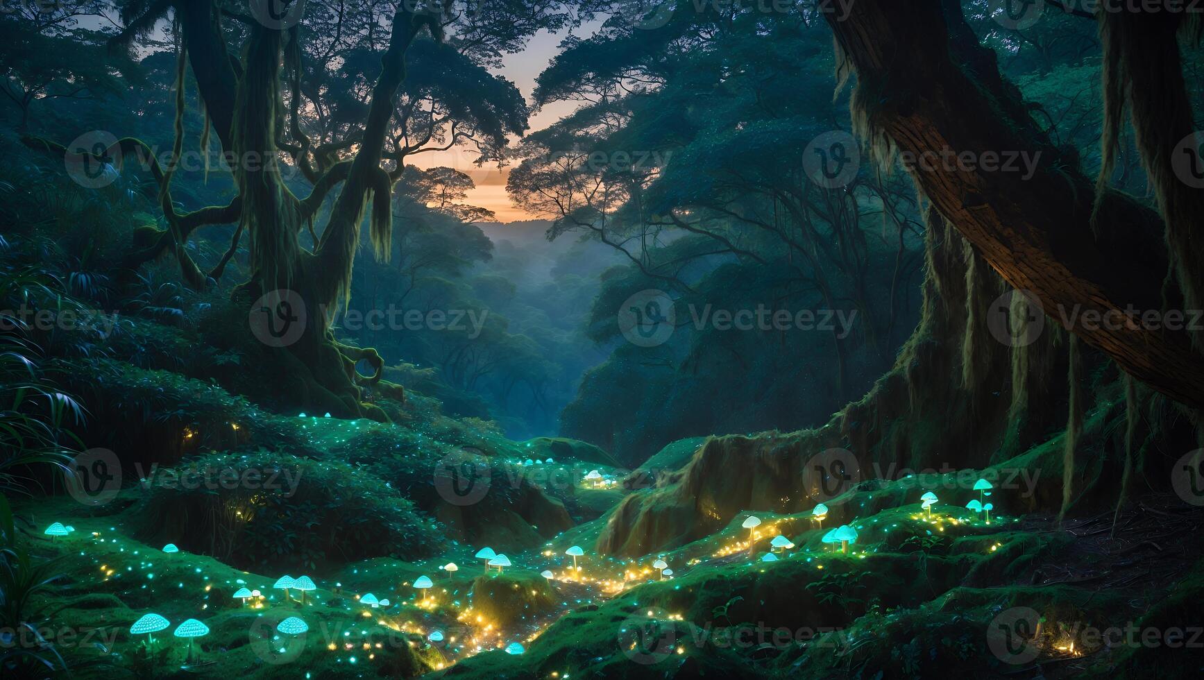 Glow Mushrooms Illuminating a Lush Forest at Dusk Scene photo