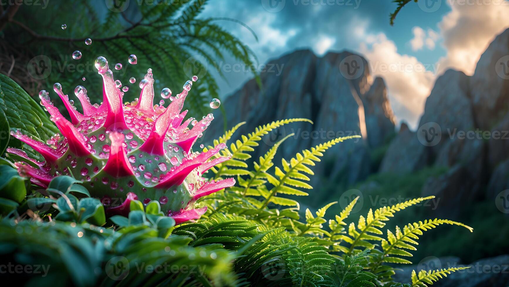 Pink Exotic Flower with Water Droplets in a Mountain Landscape photo