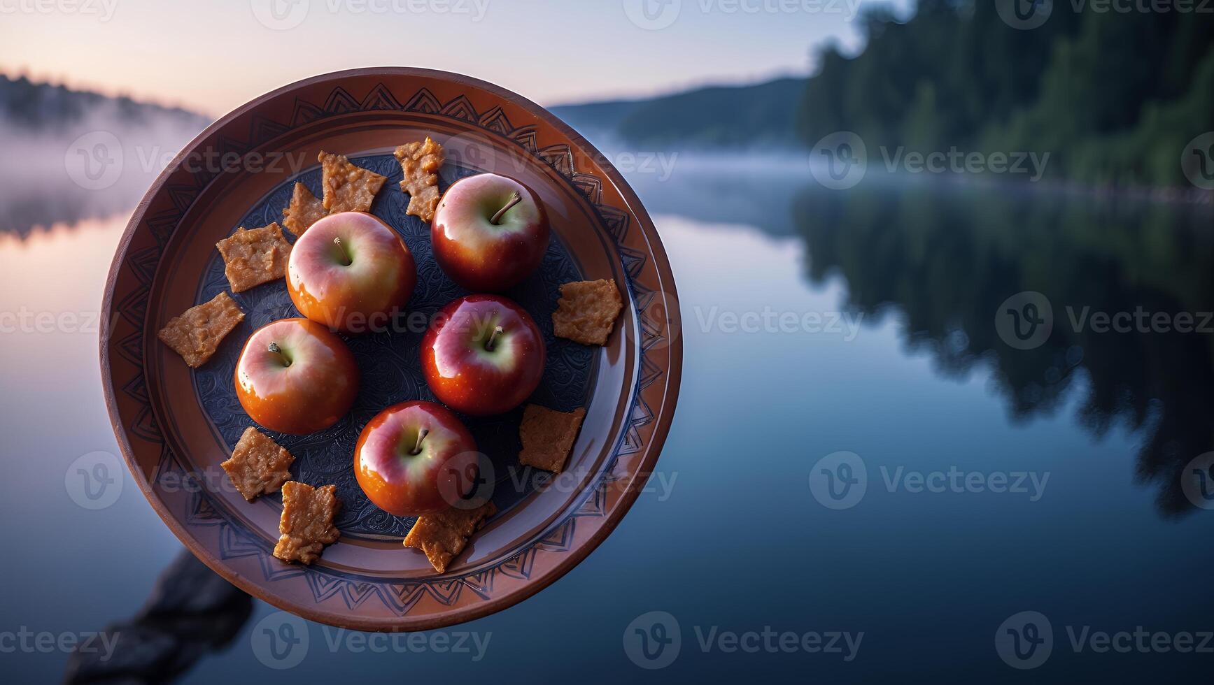 Serving Apples with Crackers on Scenic Lake Pier at Dawn photo