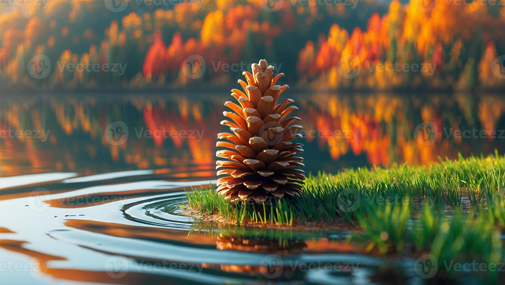 Pine Cone Standing Near Lake with Forest Reflection on Water photo