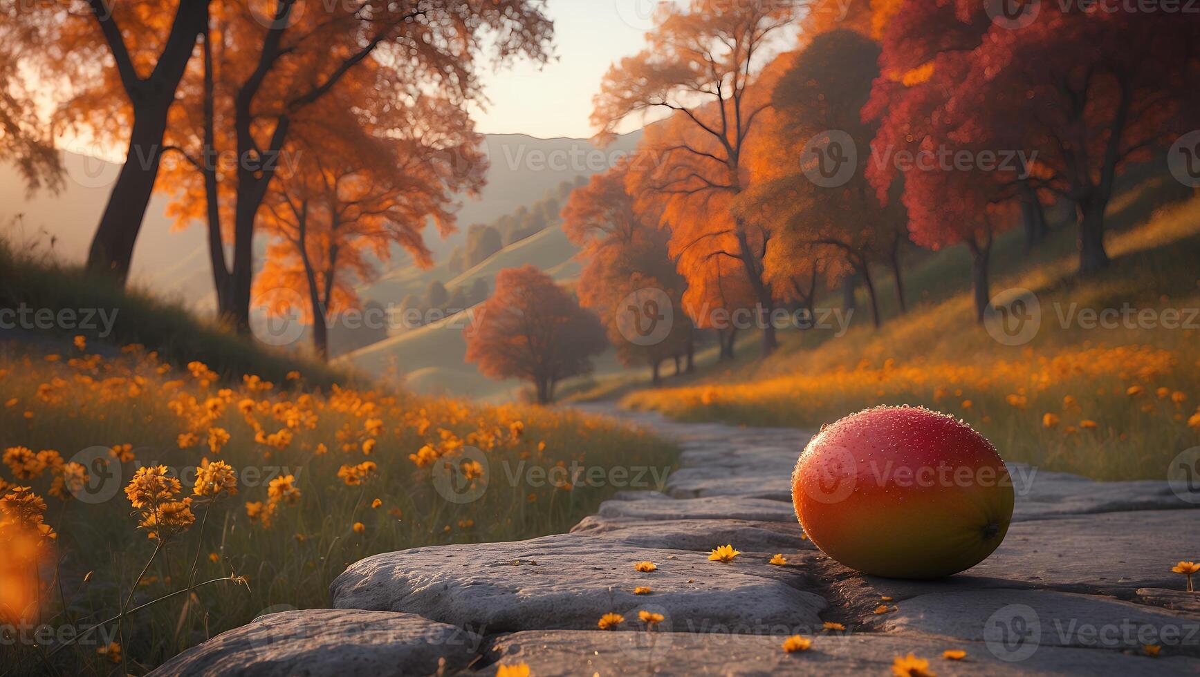 Mango Resting on Stone Path Through Field of Golden Flowers photo