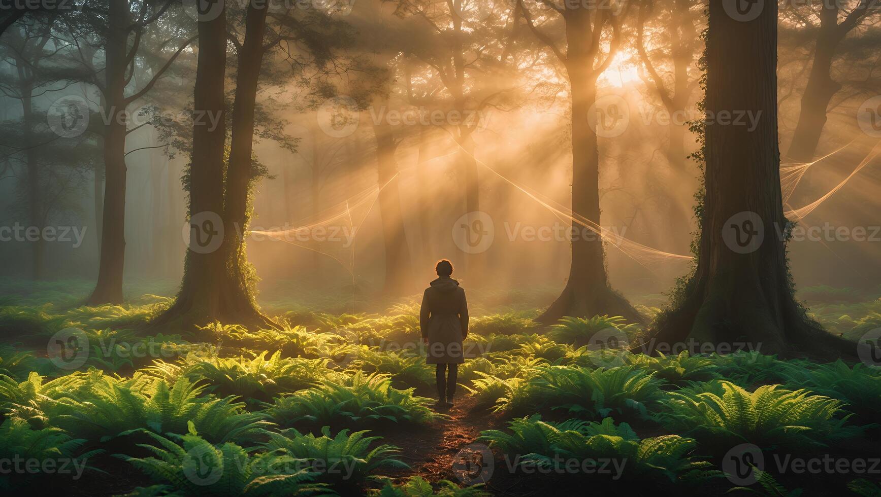 Walking Through Forest Path with Ferns and Golden Sunlight Beams photo