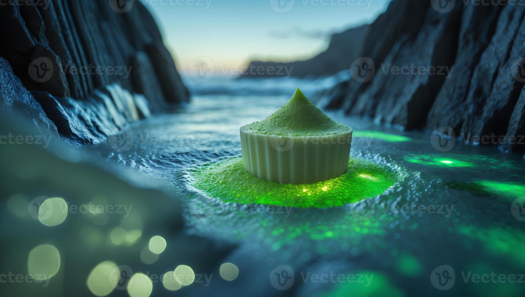 Green Dessert Floating on Water Surrounded by Rock Formations Scenery photo