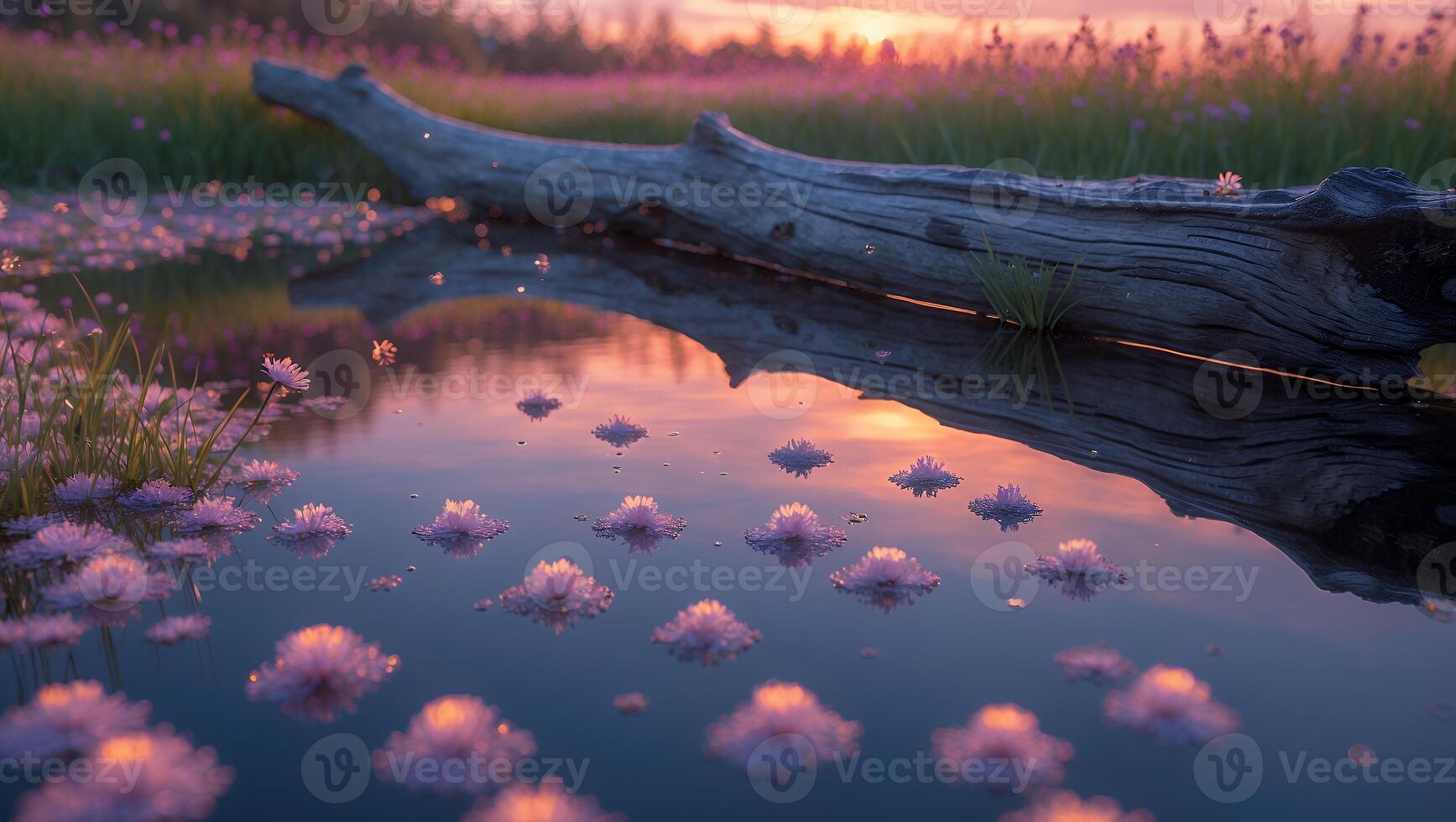 Floating Flowers on Pond Reflecting Warm Sunset Light with Driftwood photo