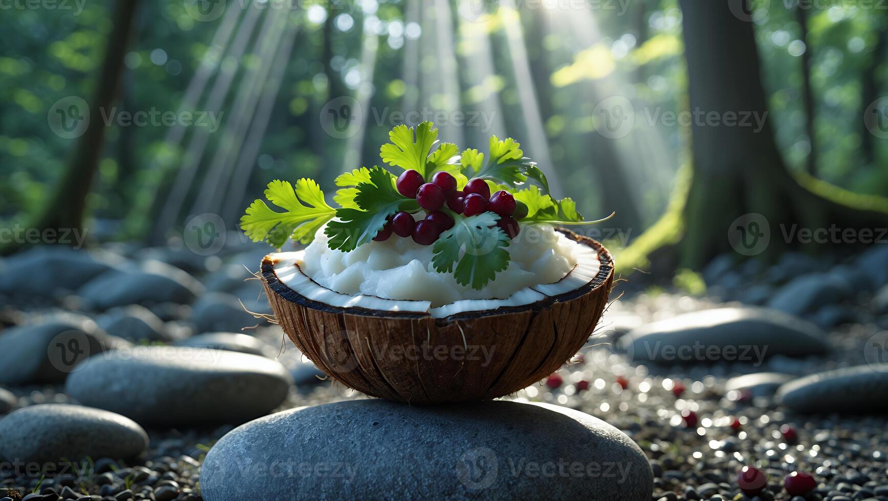Coconut Bowl Food Display in Forest with Sun Rays and Berries photo