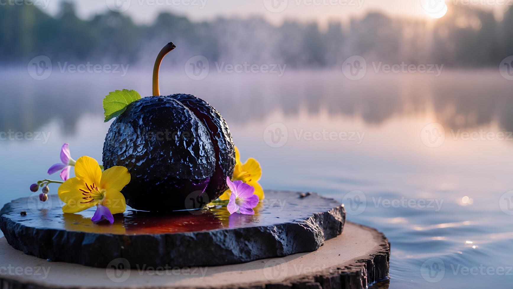 Presenting Plum on Stone Slice with Yellow Flowers by Calm Lake photo