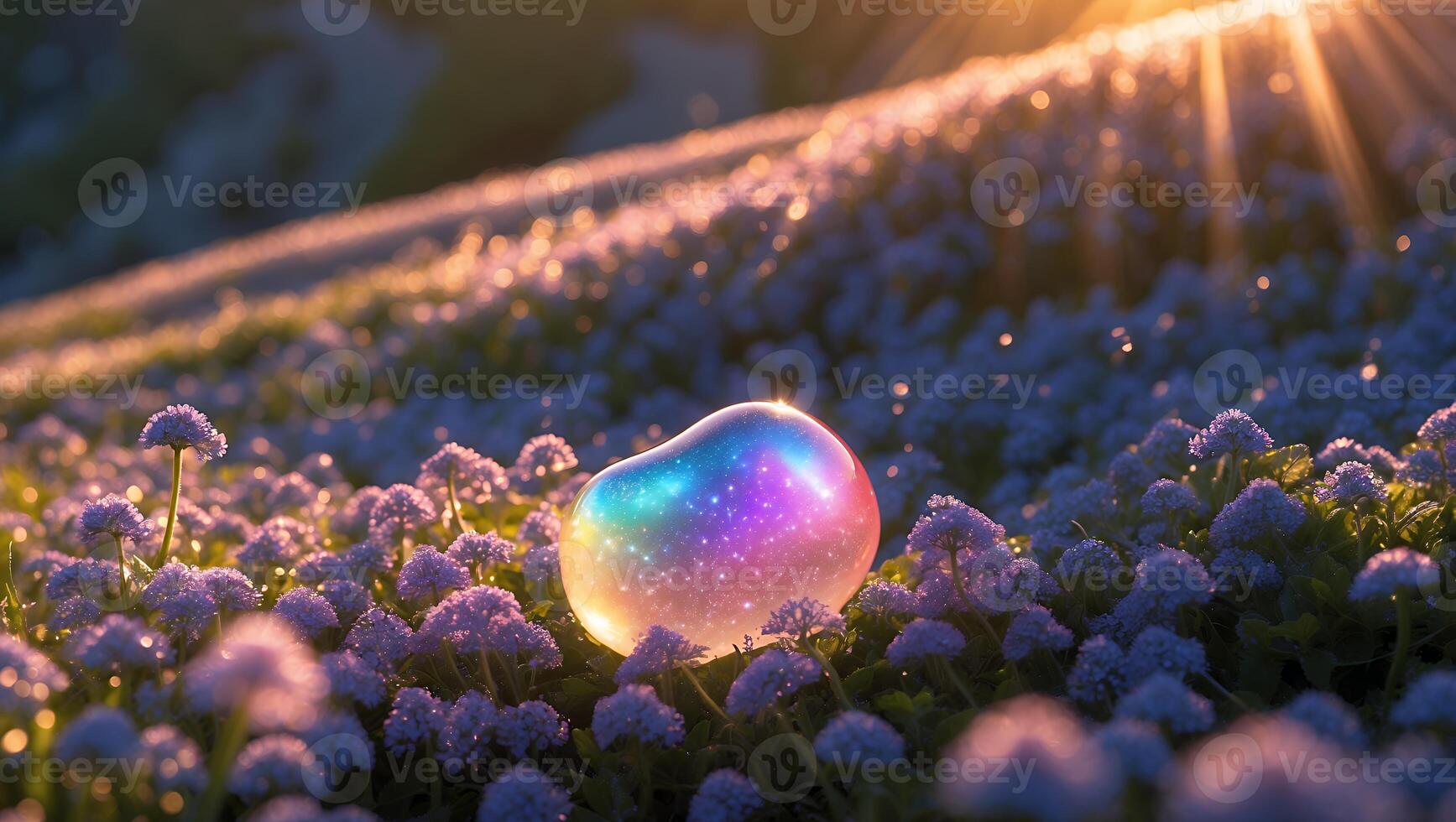 Glowing Cosmic Object in Flower Field at Sunrise with Bokeh photo
