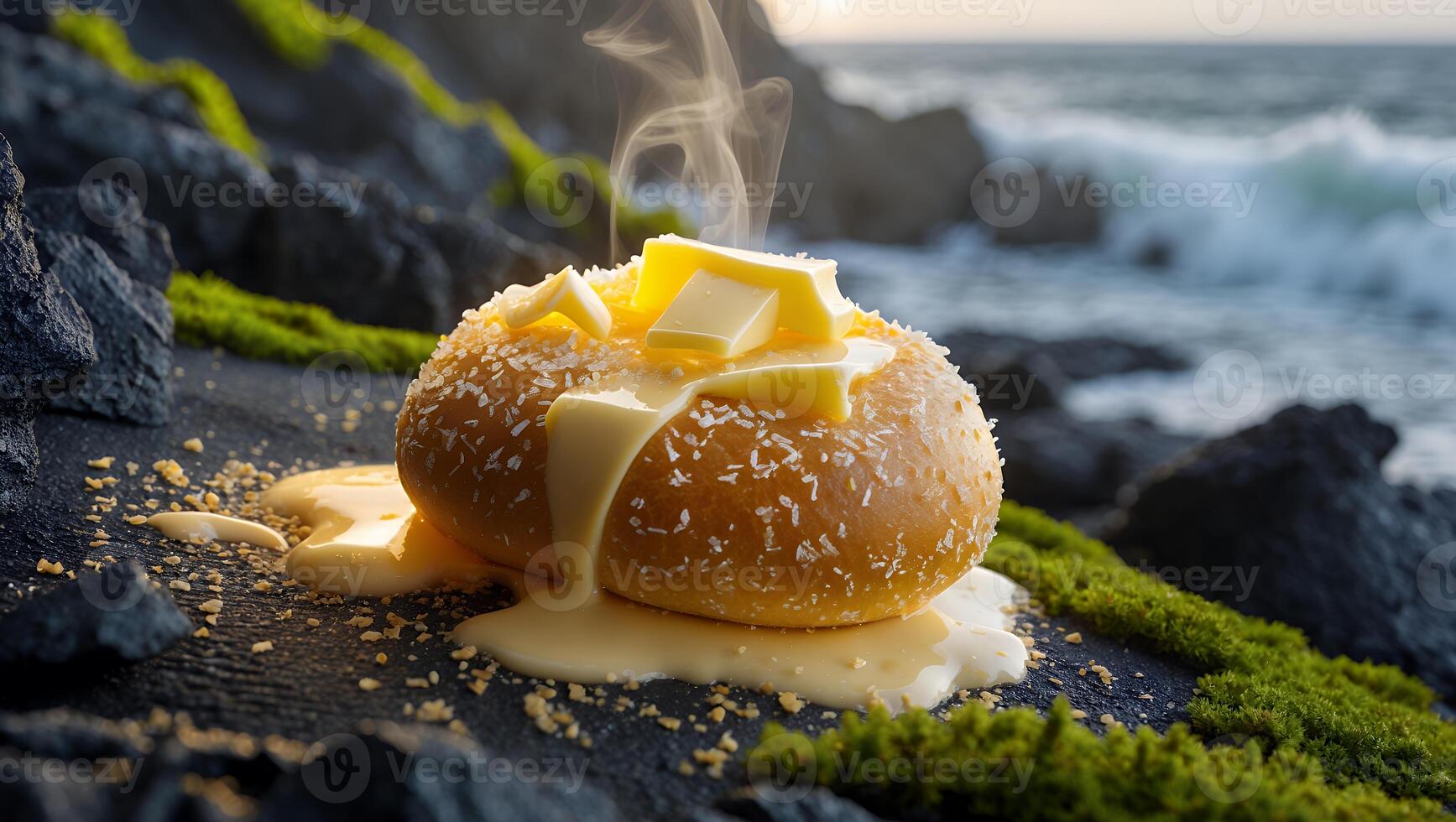Melting Butter on Roll Near Ocean with Rocks and Moss photo
