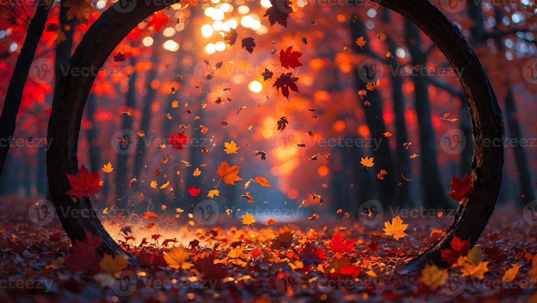 Falling Autumn Leaves in Forest with Sunset Light and Circular Framing photo