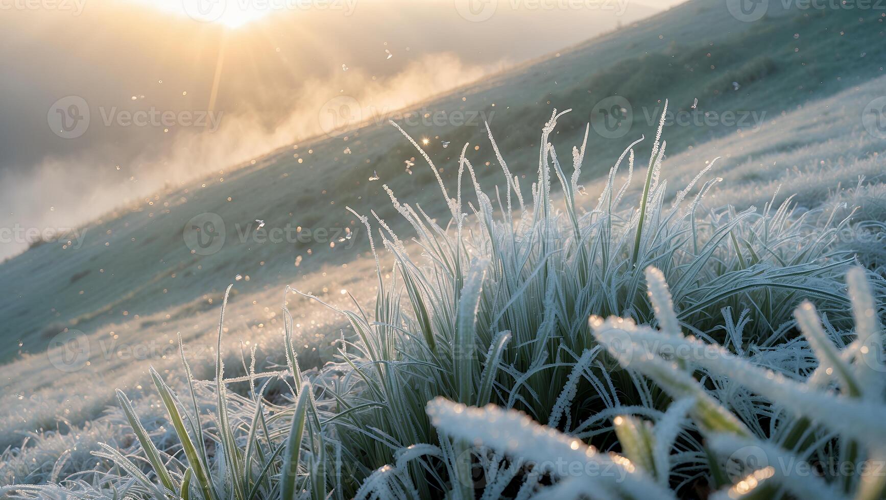 Frosty Grass and Golden Sunlight on a Cold Morning Hillside photo