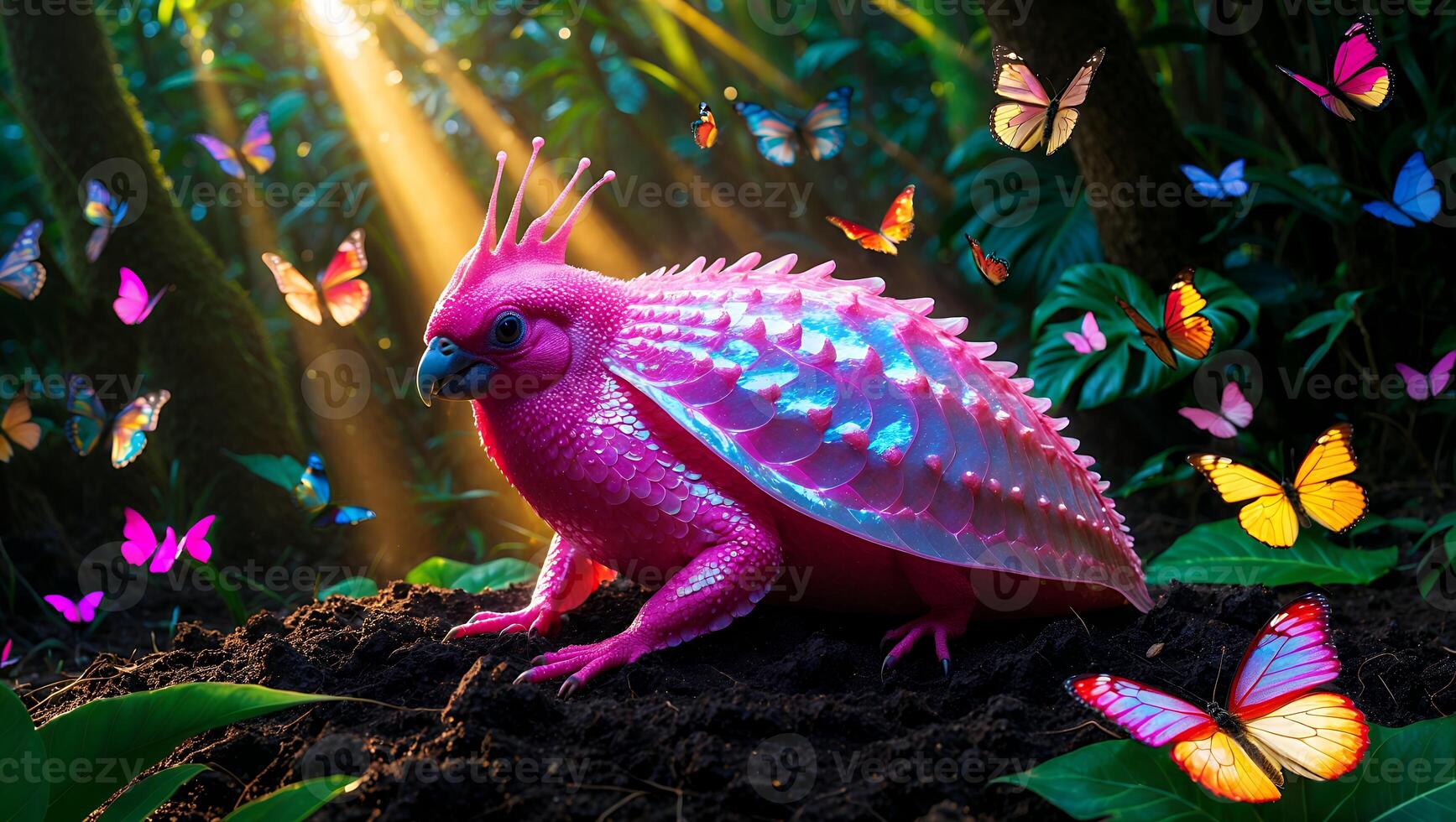 Pink Creature Surrounded by Butterflies in Forest with Sunbeams photo
