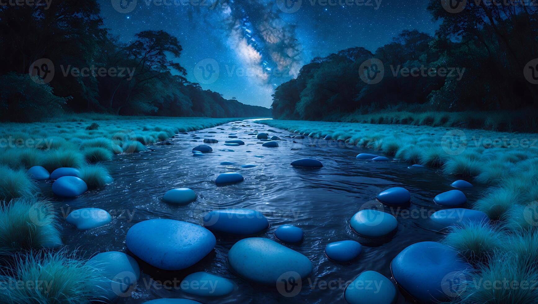 Flowing River at Night with Rocks and Glowing Starry Sky Above photo