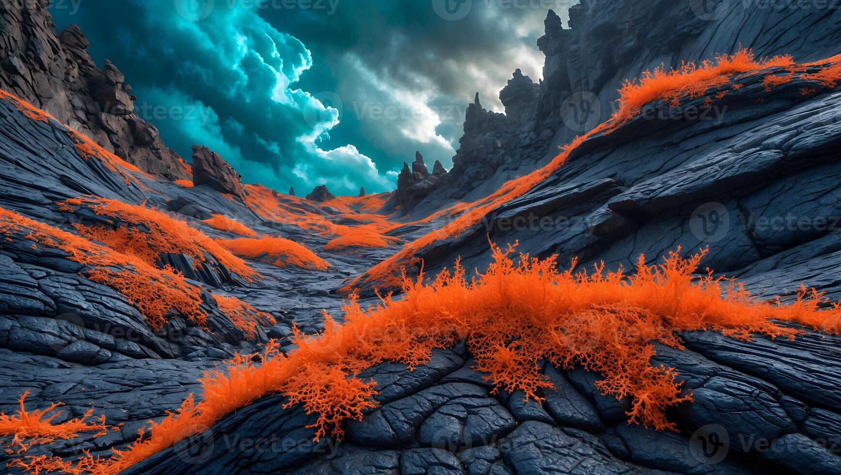 Dramatic Rocky Landscape with Orange Vegetation and Stormy Sky photo