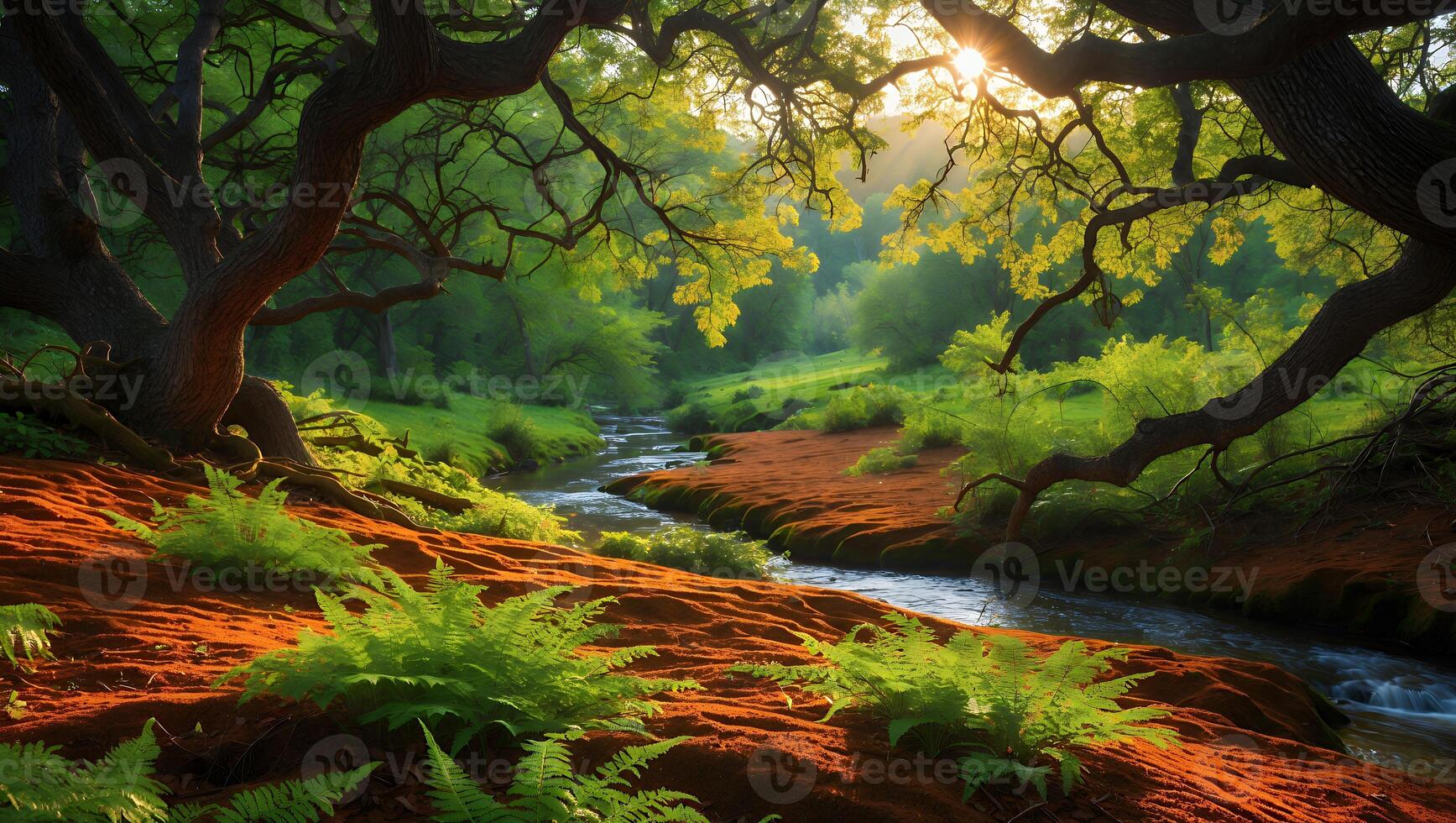 Flowing Stream Through Forest with Sunlit Trees and Mossy Ground photo