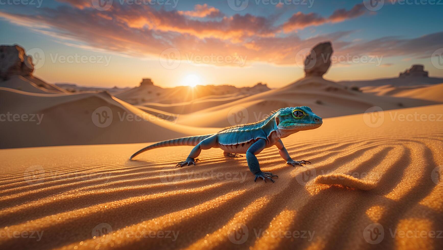 Lizard Walking on Desert Sand Dunes at Sunset with Colorful Sky photo