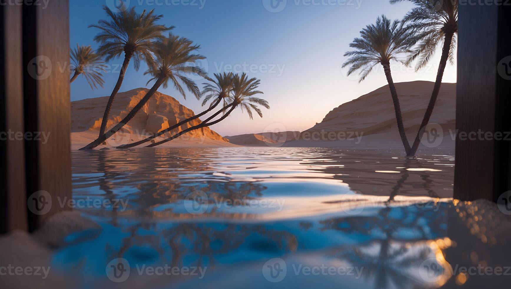 Palm Trees Reflecting in Water at Sunset View Through Frame photo