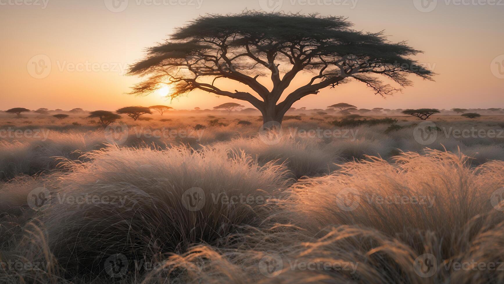 Tree Silhouetted on African Savannah at Sunset with Tall Grass photo