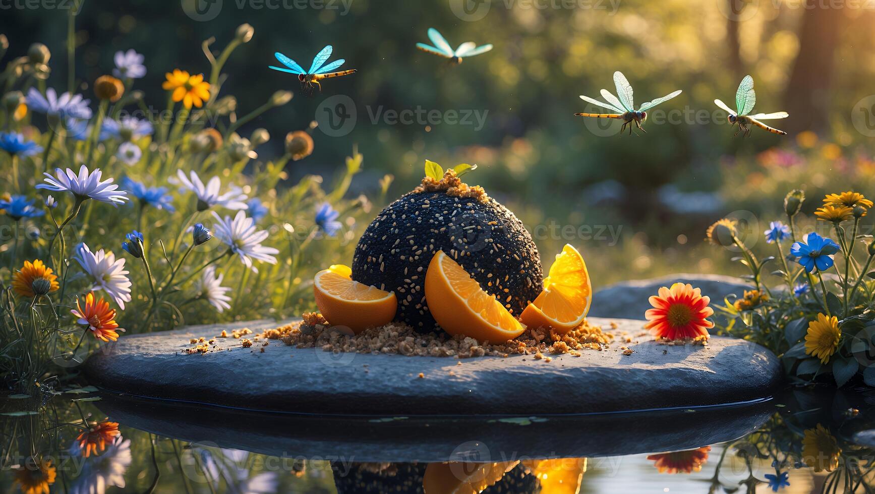 Creative Still Life with Orange Slices, Sphere, Flowers, and Dragonflies photo