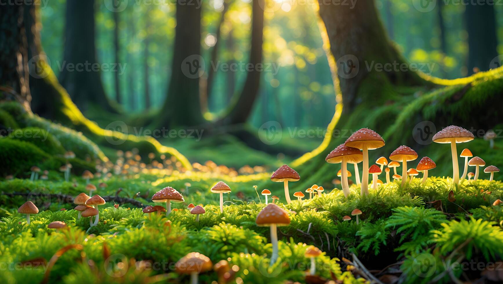 Mushrooms in Forest with Sunlight Streaming Through Trees on Mossy Ground photo