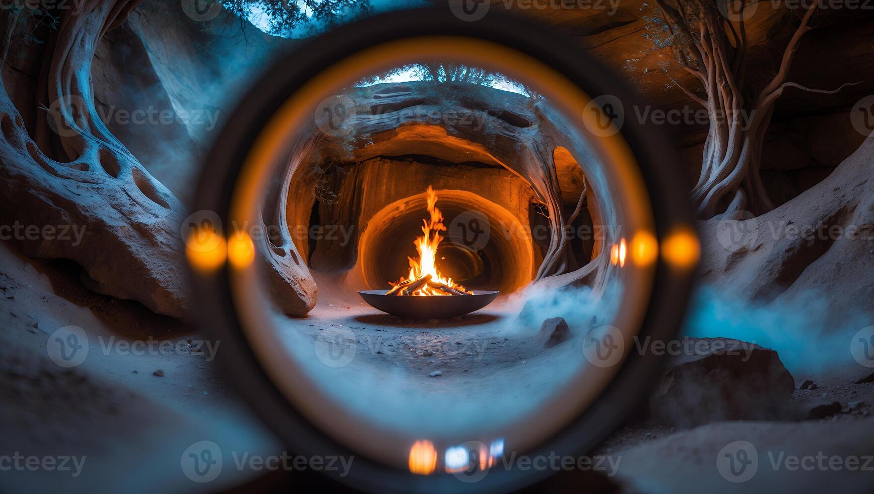 Campfire Burning in Rocky Cave with Dreamlike Fog and Framing photo