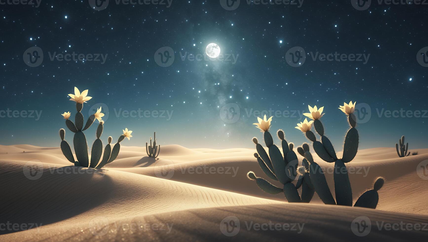 Blooming Cactus Plants in Desert at Night with Full Moon photo