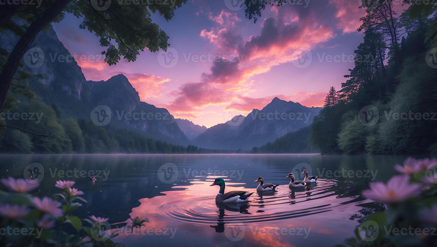 Ducks Swim on Lake at Dusk with Mountain View Reflection photo