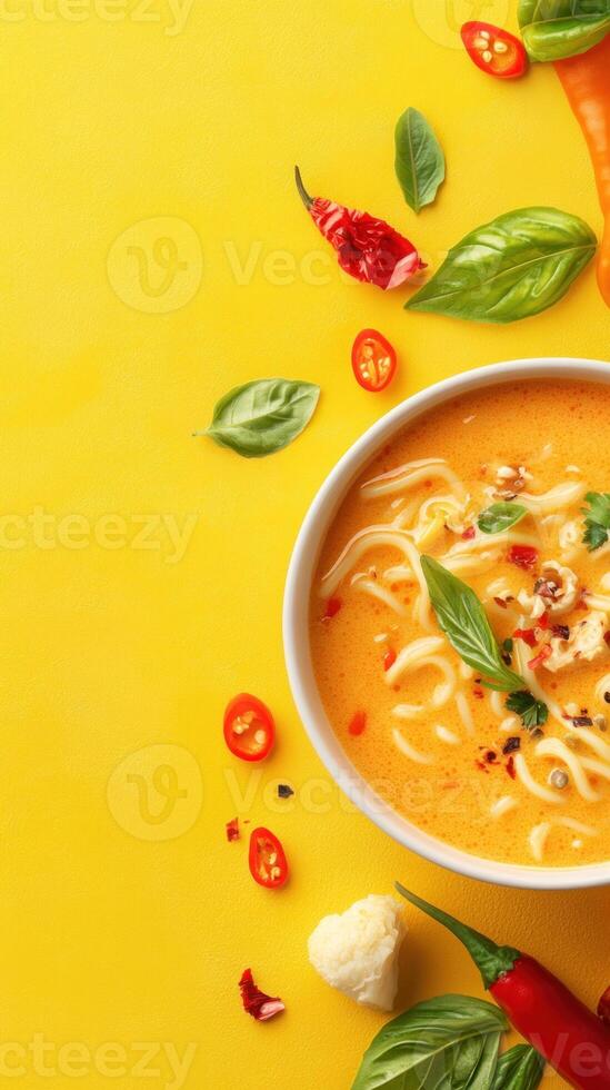 A bowl of noodle soup with herbs and peppers on a bright yellow table, for food blogging photo