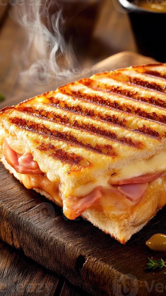A hot ham and cheese panini on a wooden board for a quick meal in a restaurant setting photo