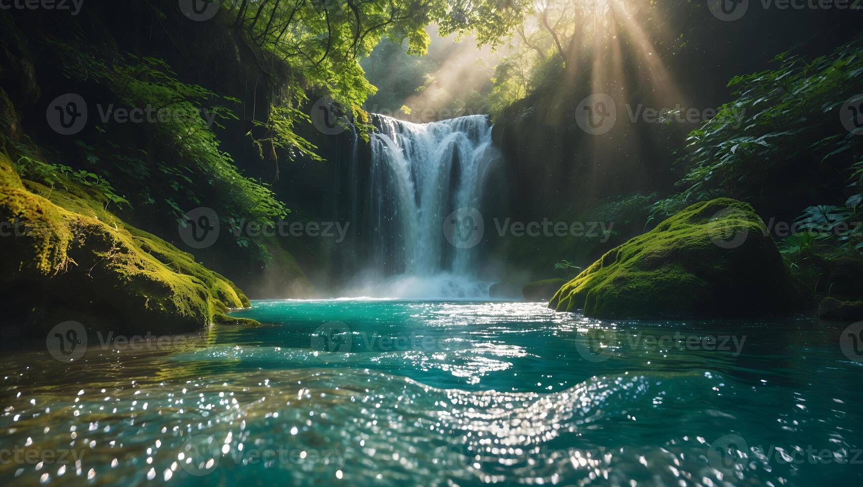 Cascading Waterfall Flows Into Turquoise Pool Surrounded by Lush Greenery photo