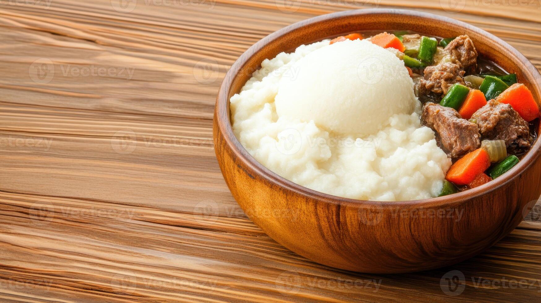 A hearty bowl of stew with creamy mashed potatoes on a wooden table, ready for a comforting dinner photo