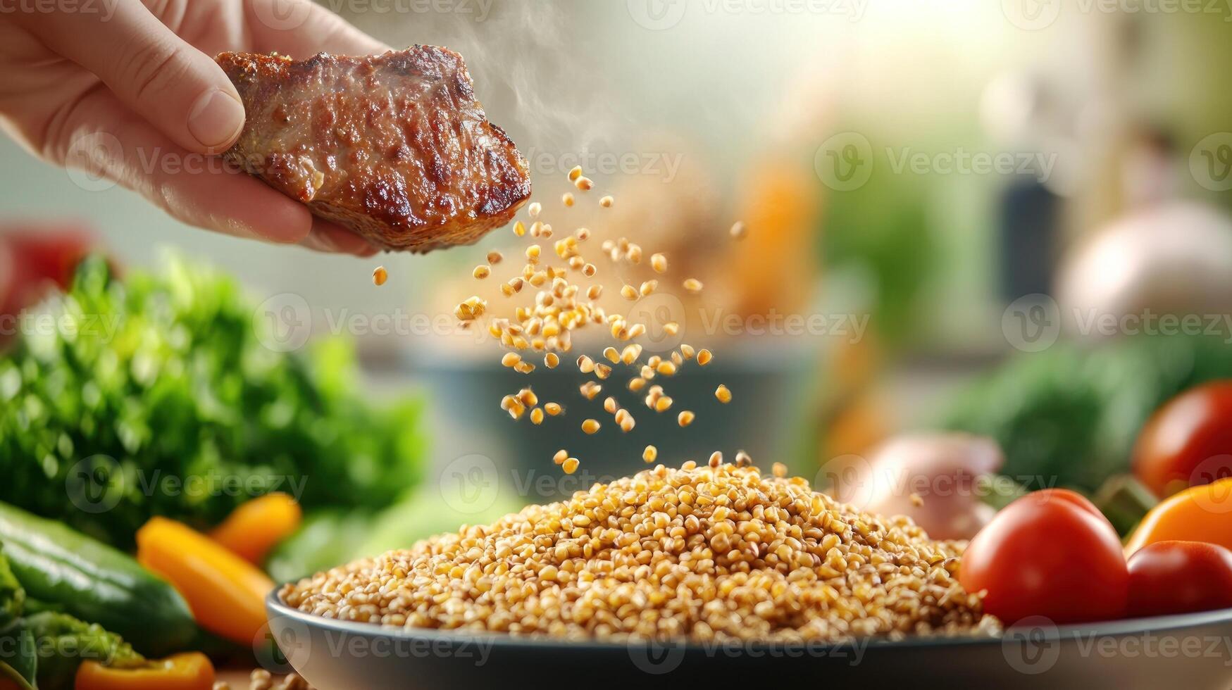 Adding meat and seeds to grains, veggies in background, for healthy cooking recipes or diet photo
