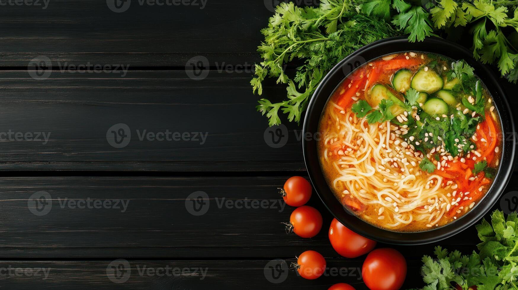 Appetizing noodles with veggies in a bowl on dark wood, food photography photo