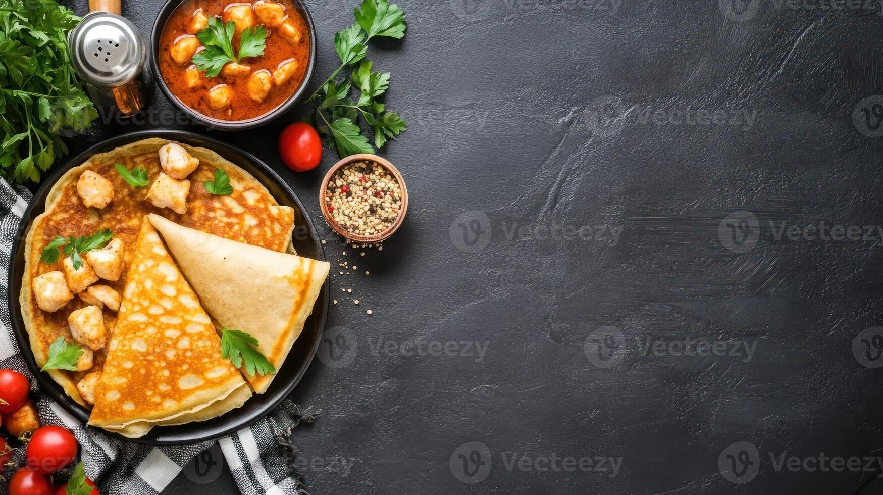 Appetizing pancakes with chicken curry, herbs spice. Meal on black table. Food photography photo