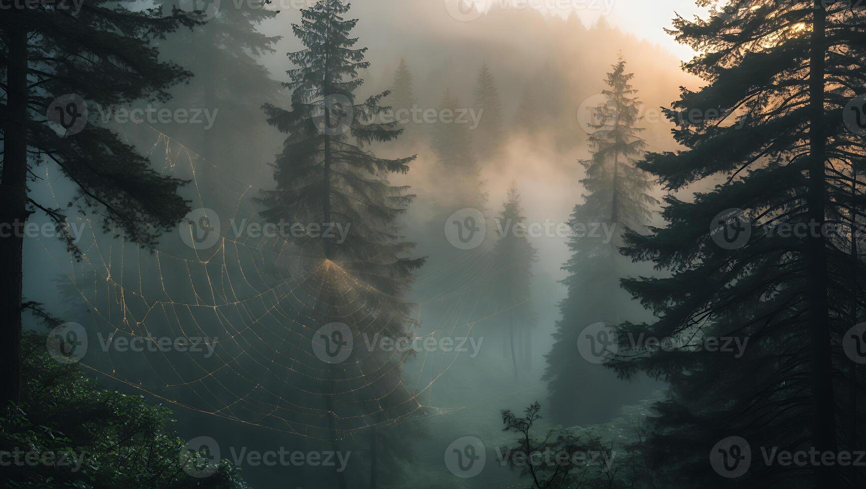 Foggy Forest Landscape with Spiderweb and Sunlight Shining Through Trees photo