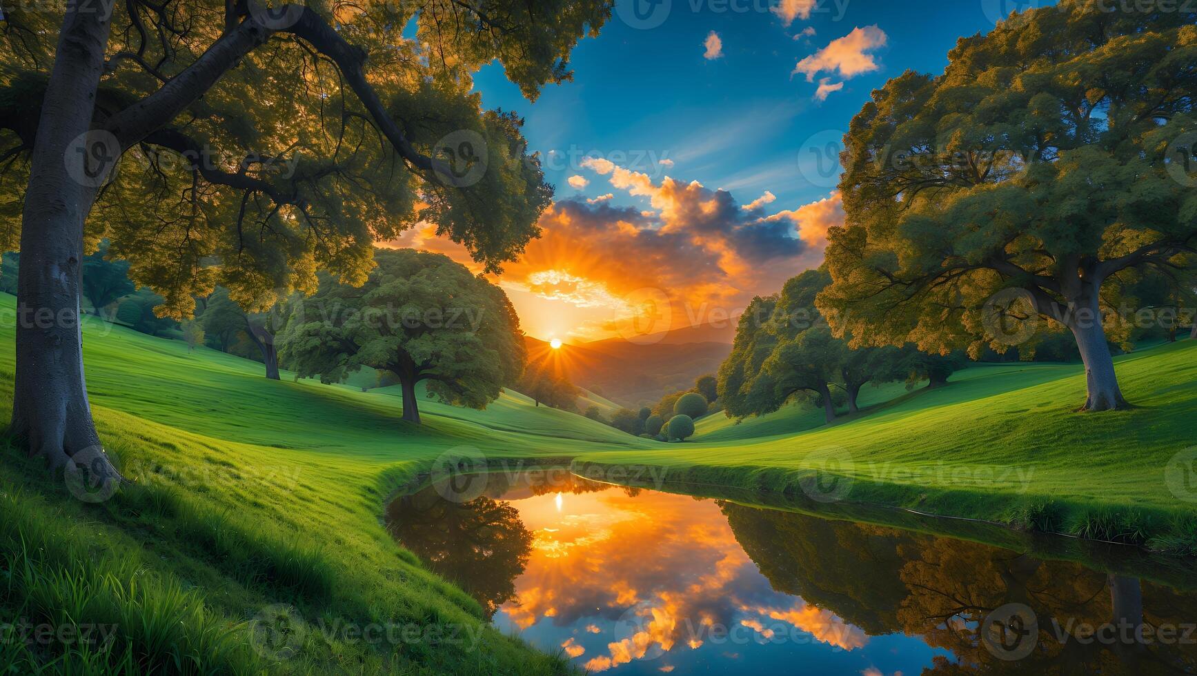 Sunset Reflection in Pond on Green Hillside with Trees photo