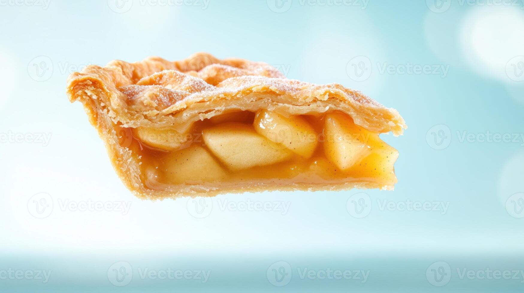 Apple pie slice with filling on blue background. For dessert or treat photo