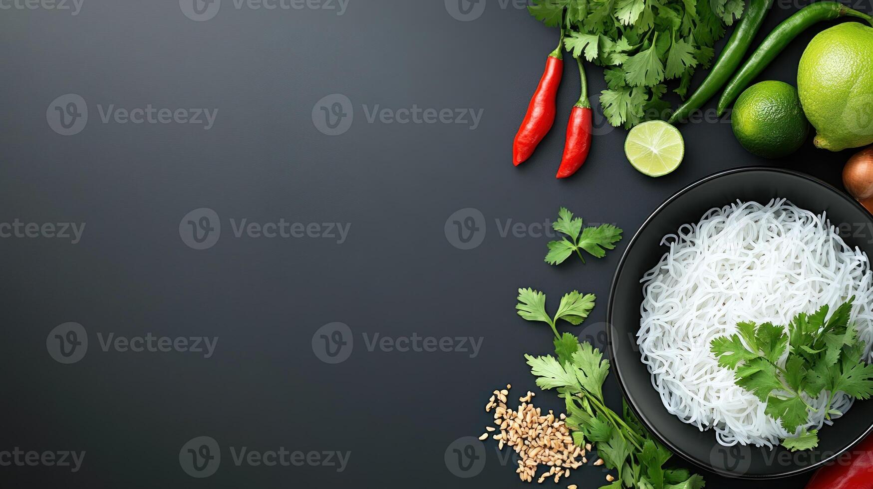 Asian Cuisine Flat lay of rice noodles ingredients for a spicy dish on dark background photo