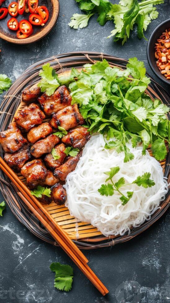 Asian grilled beef, noodles, and herbs served on a platter, can be used for a menu photo