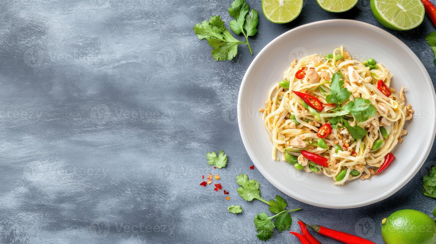 Asian noodle salad with chicken on grey surface. Studio shot for restaurant menu photo